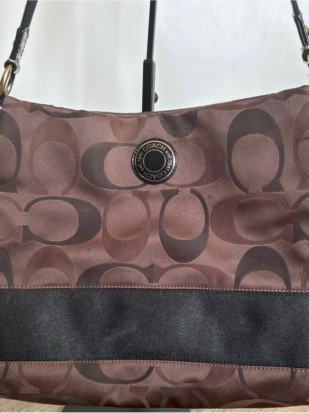 Coach Brown Signature Hobo with Black Trim and Gold-Tone Accent